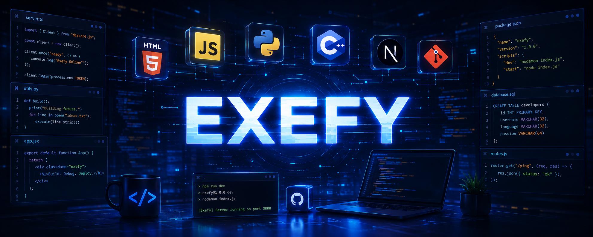 Discovery splash banner for Exefy I Developers Discord server